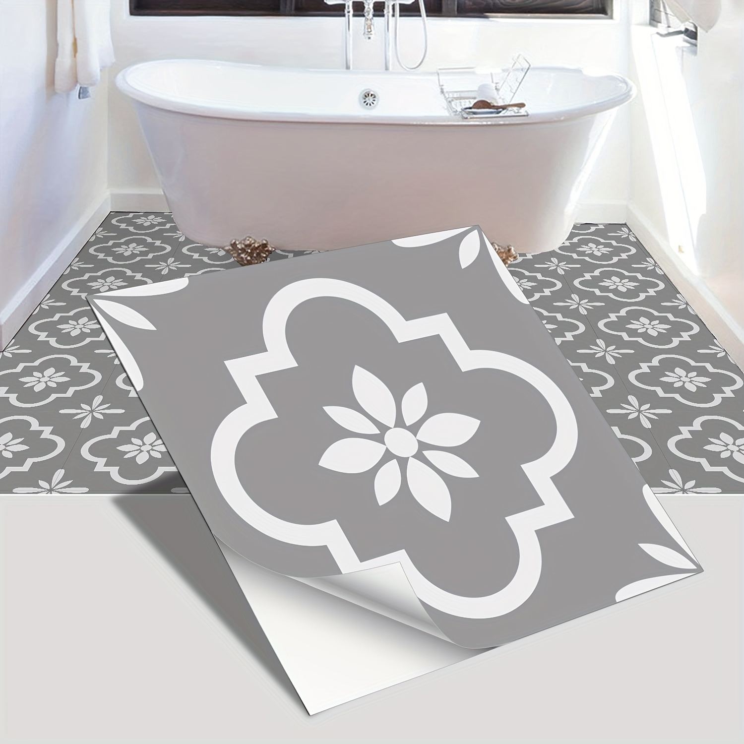 12/24ps Grey White Pattern Tile Decals, Peel And Stick, Self-* Tile  Stickers, Floor Tile, Waterproof Wallpaper, Kitchen Backsplash Stickers,  For Living Room Toilet Kitchen Home Floor Decor, image size:1500x1500