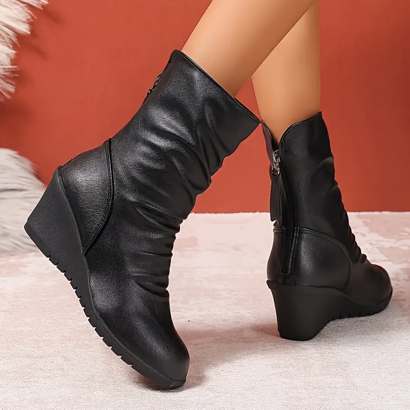 Round Toe Zip Front Sock Boots Women's Chic Black Platform Ankle