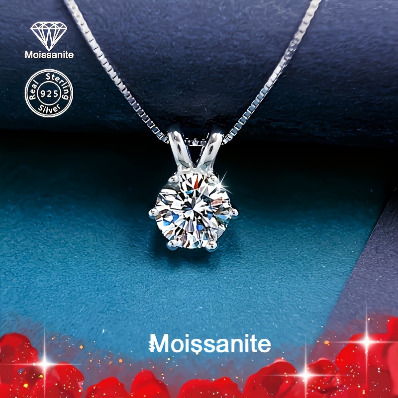 TEMU 1pc Women's Fashion Necklace, S925 Sterling Silvery With Synthetic Synthetic Zirconia, High-end Six-prong Pendant Collarbone Chain, Silvery
