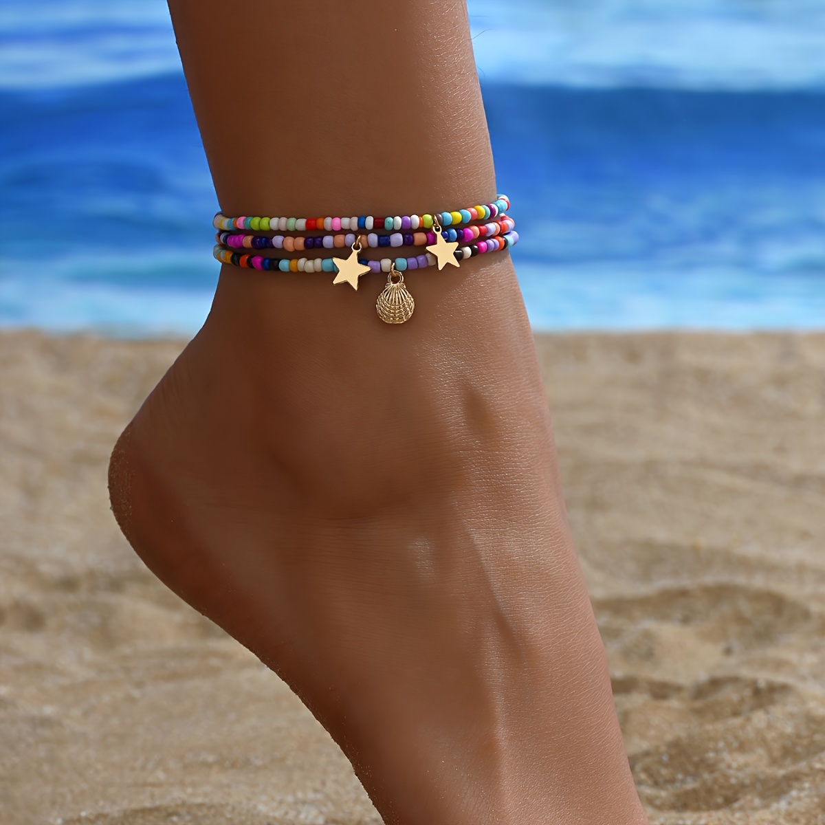 

3pcs Colorful Beaded Anklet Set, Vintage & Elegant Style With Golden Shell And Star Pendants, Multi-layer Beach Vacation Boho Ankle Bracelets