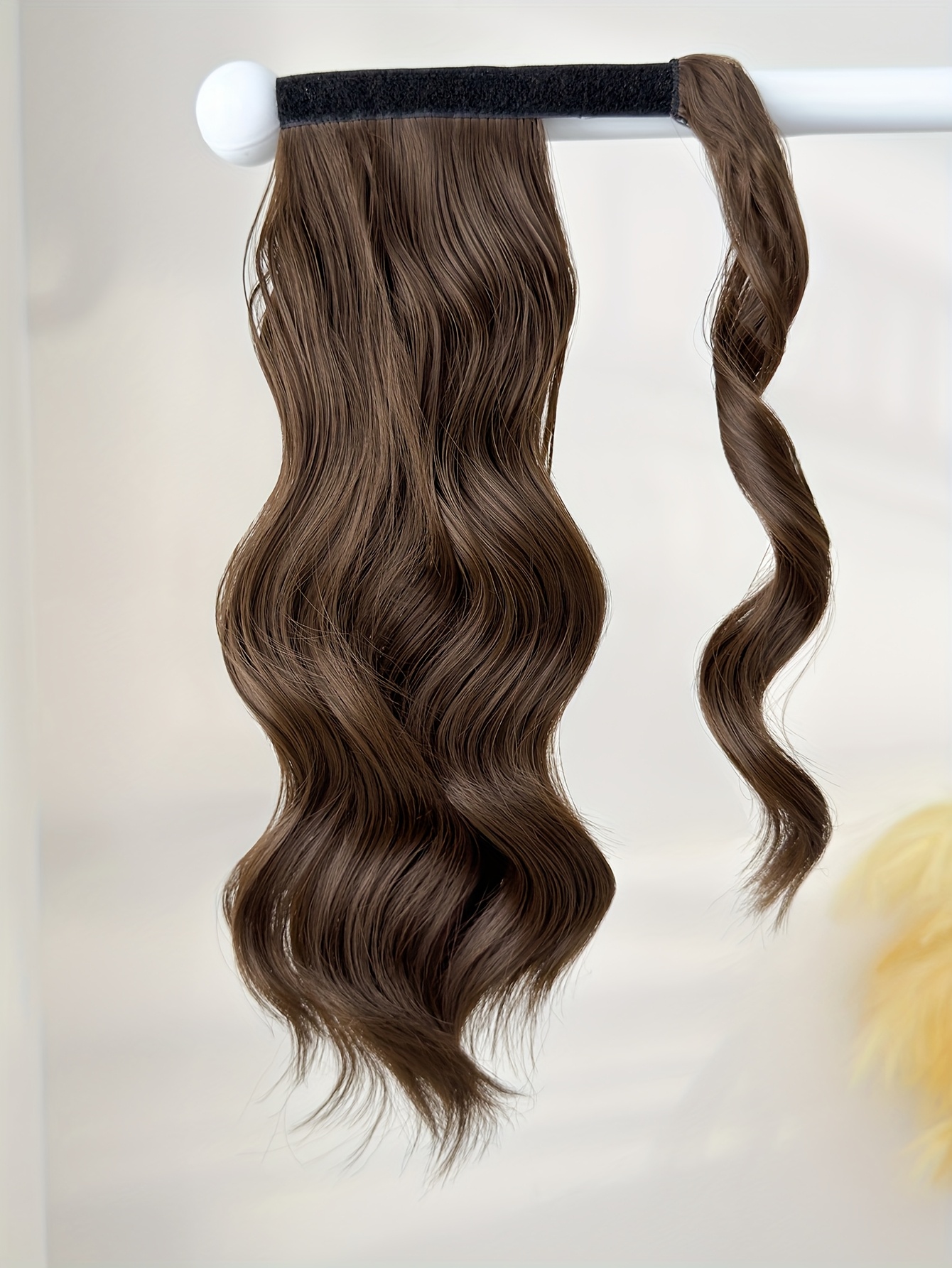 clip style golden ponytail extension wrap - dark brown body wave synthetic hair, 35.56 cm heat-resistant hard hairpiece for women & girls, daily use ponytail wrap for volume & texture, ponytail hair extensions, secure clip attachment details 6