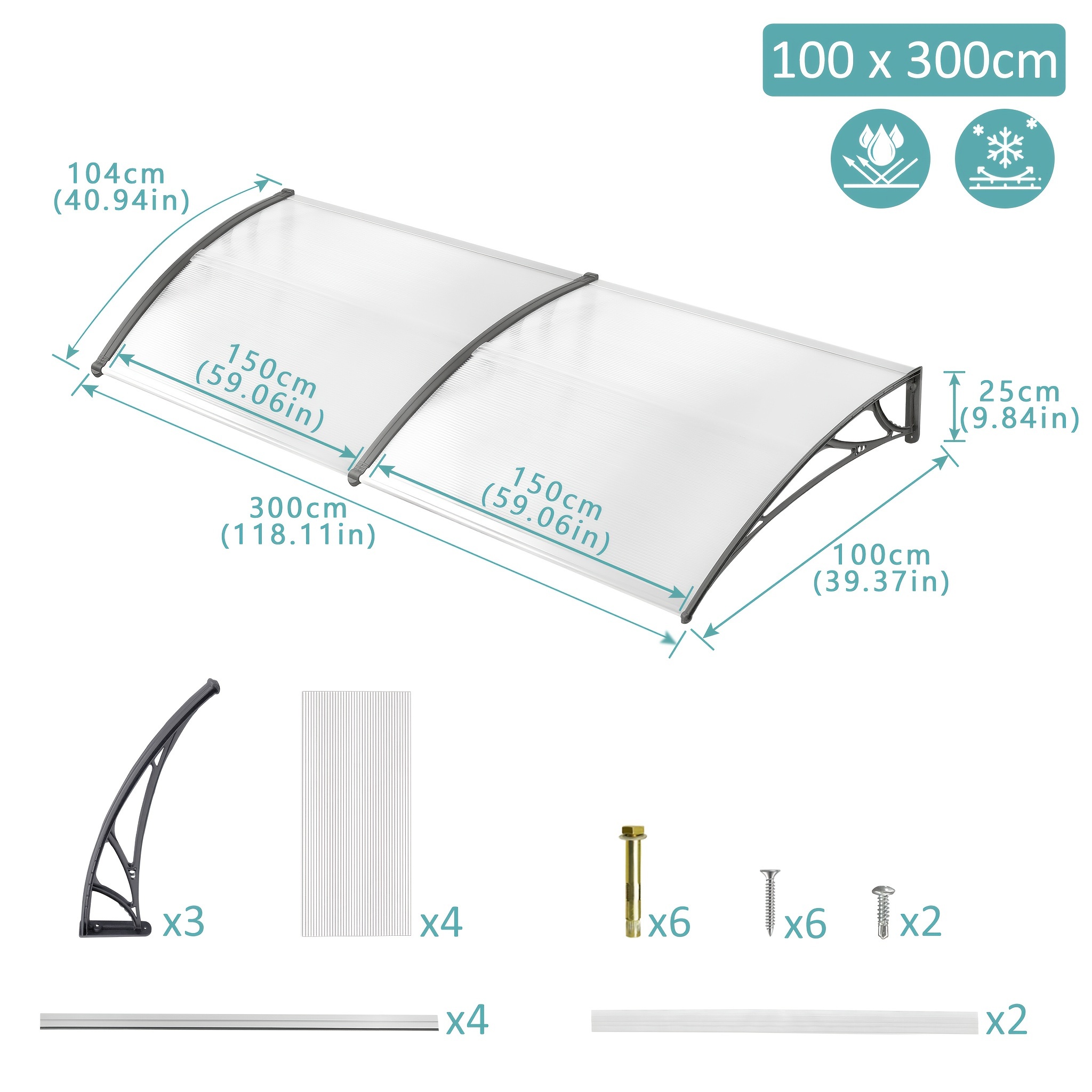 Canopy For Front Door, Canopy Pent Arch Canopy Polycarbonate, Pp Bracket For Outdoors Sun Protection Rain Protection, Grey