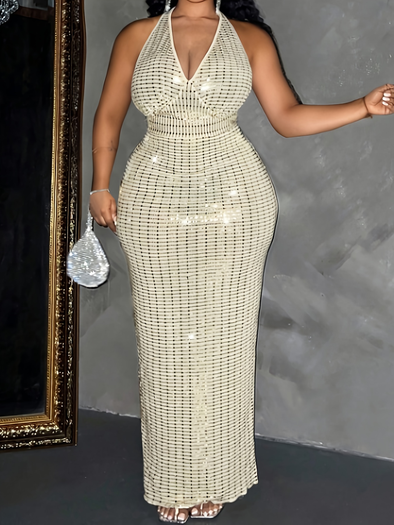 plus size gold bodycon dress womens sleeveless halter neck sequin elegant Maternity maxi