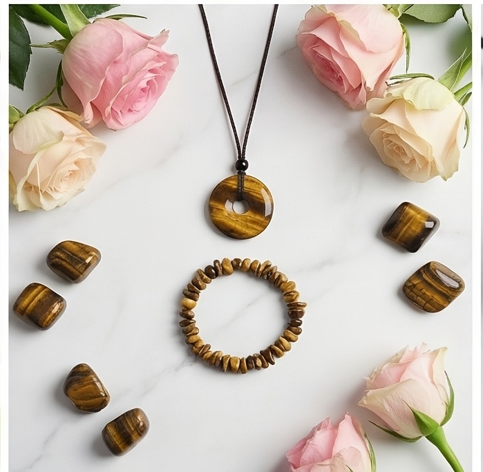 3pcs Natural Tiger's Eye Stone Protection Necklace & Crushed Stone Bracelet Suitable for Women's Bohemian Jewelry Gift Box Set, Courage Wealth Attraction Stone Jewelry for Weddings, Parties, Daily Wear - Gift for Girlfriend, Best Friend, Year-Round