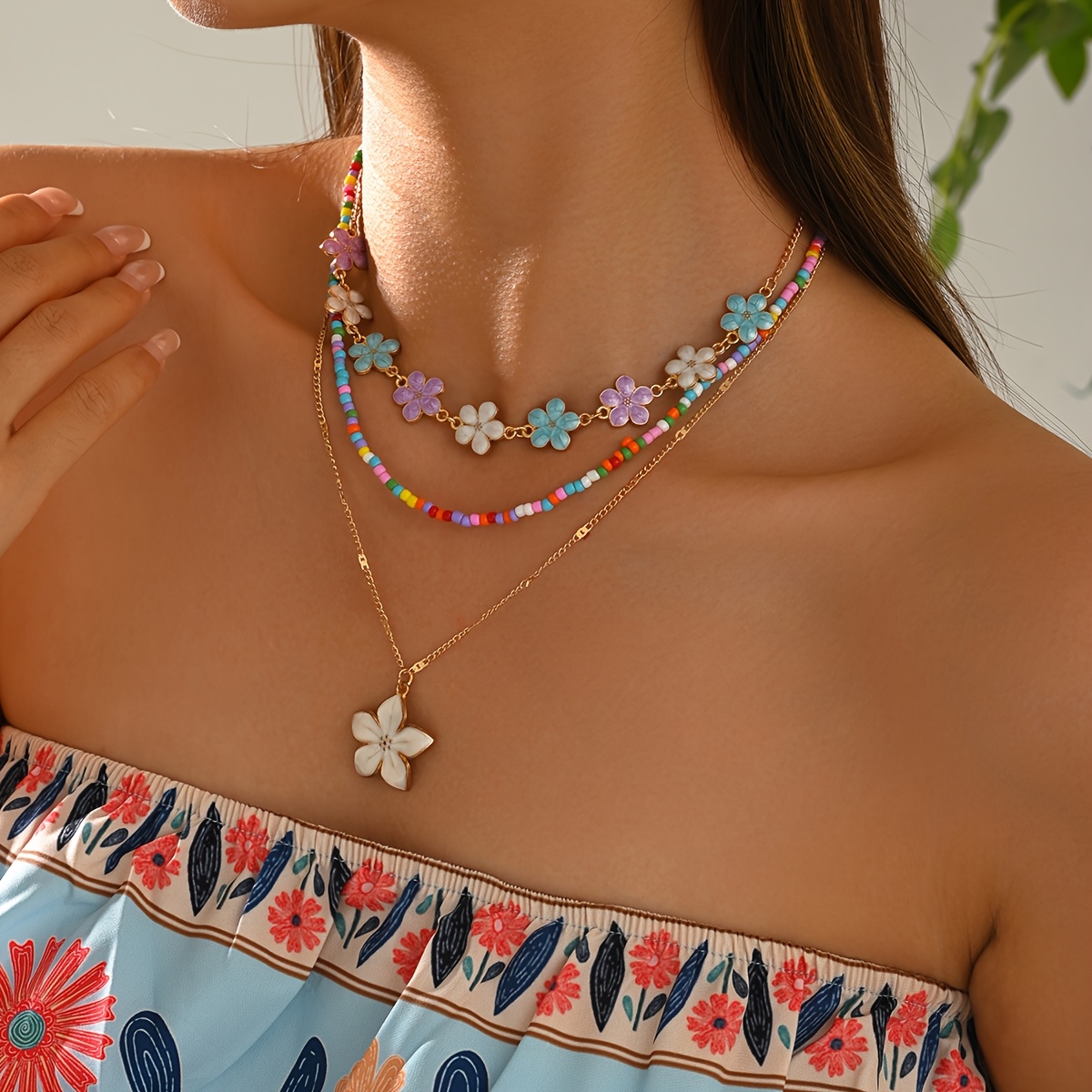 Women's 4pcs Colorful Rhinestone Necklace Set, Layering Style