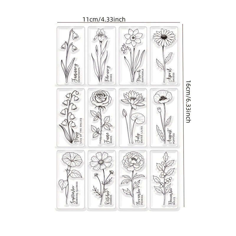 E-shop Blumen Lesezeichen Transparente Stempel Geeignet für Monatsblumen Gänseblümchen Pfingstrose Transparente Siegel für Kartenherstellung Prägung