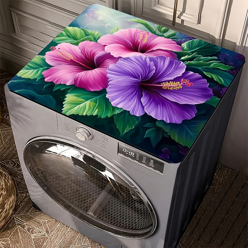 TEMU New Premium Fashion 1pc Washing Machine Dust Cover & Mat - Floral Diamond Painting Design, Vibrant Hibiscus Flower Pattern, Protective Mat
