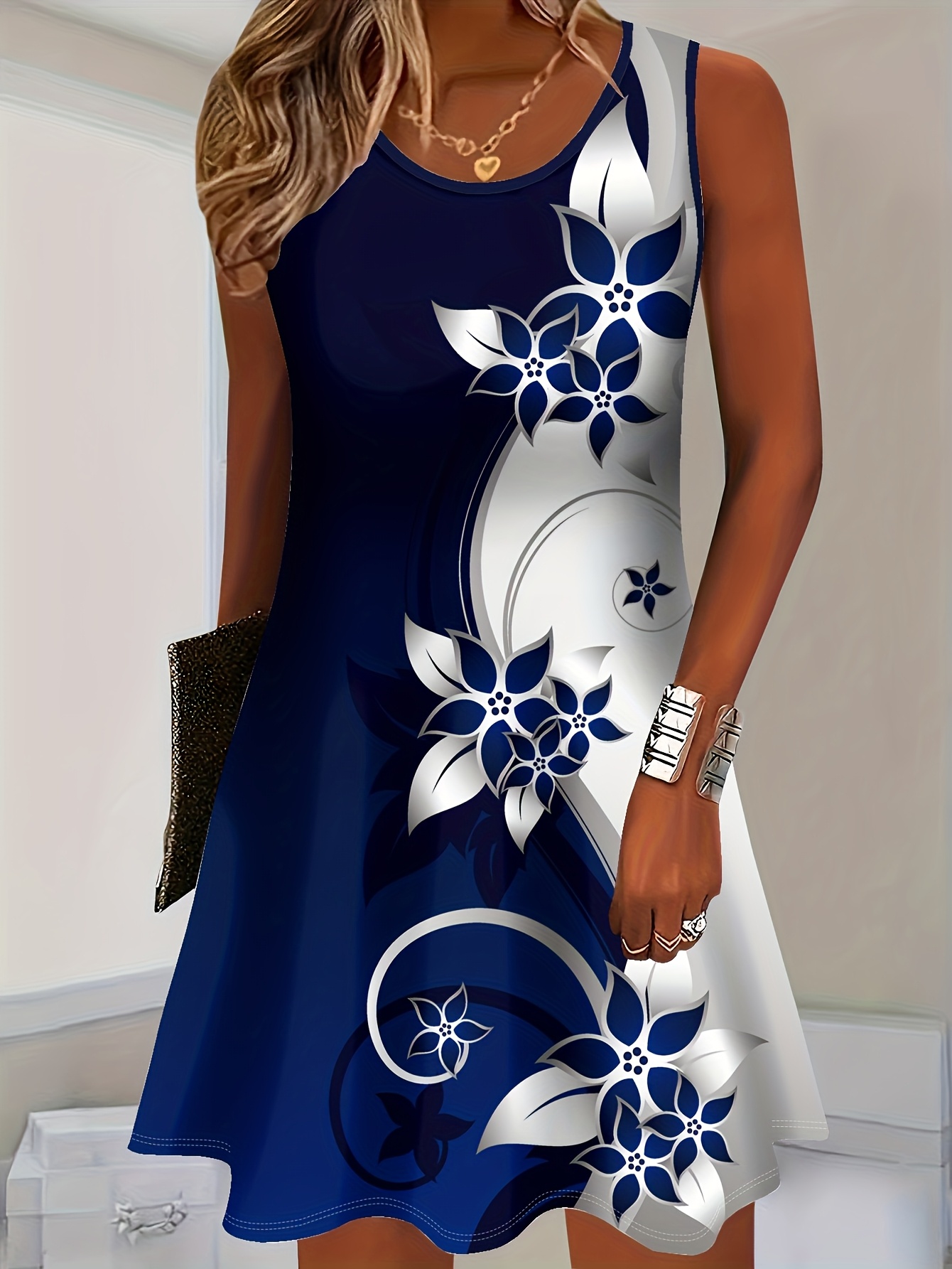 women's navy floral print sleeveless tank dress - above knee length casual  crew neck dress with stretch, machine washable versatile wear, tank top  dresses, nontransparent material | Check Out Today's Deals Now | Temu