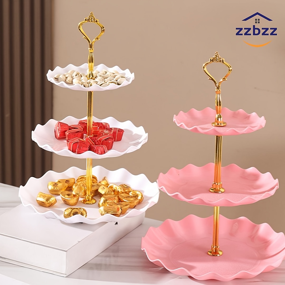 

1pc Elegant 3-tier Plastic Cake Stand With Golden Handles - Wave Design For Stylish Dessert Display , Birthdays, - , Non-electric, Decorative Serving, Cake Decorating Supplies