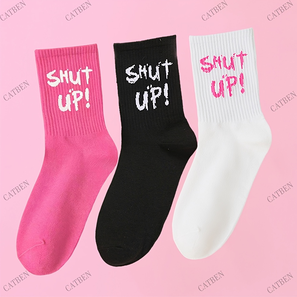 TEMU 3 paires de chaussettes imprimées "Shut Up", chaussettes folles pour femme, chaussettes d'extérieur, chaussettes amusantes pour femme et homme,