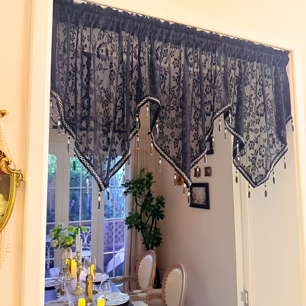 TEMU Aesthetic Botanical Lace Valance, Asymmetrical Beaded Curtain, Boho-chic Curtain For Cafe And Bedroom