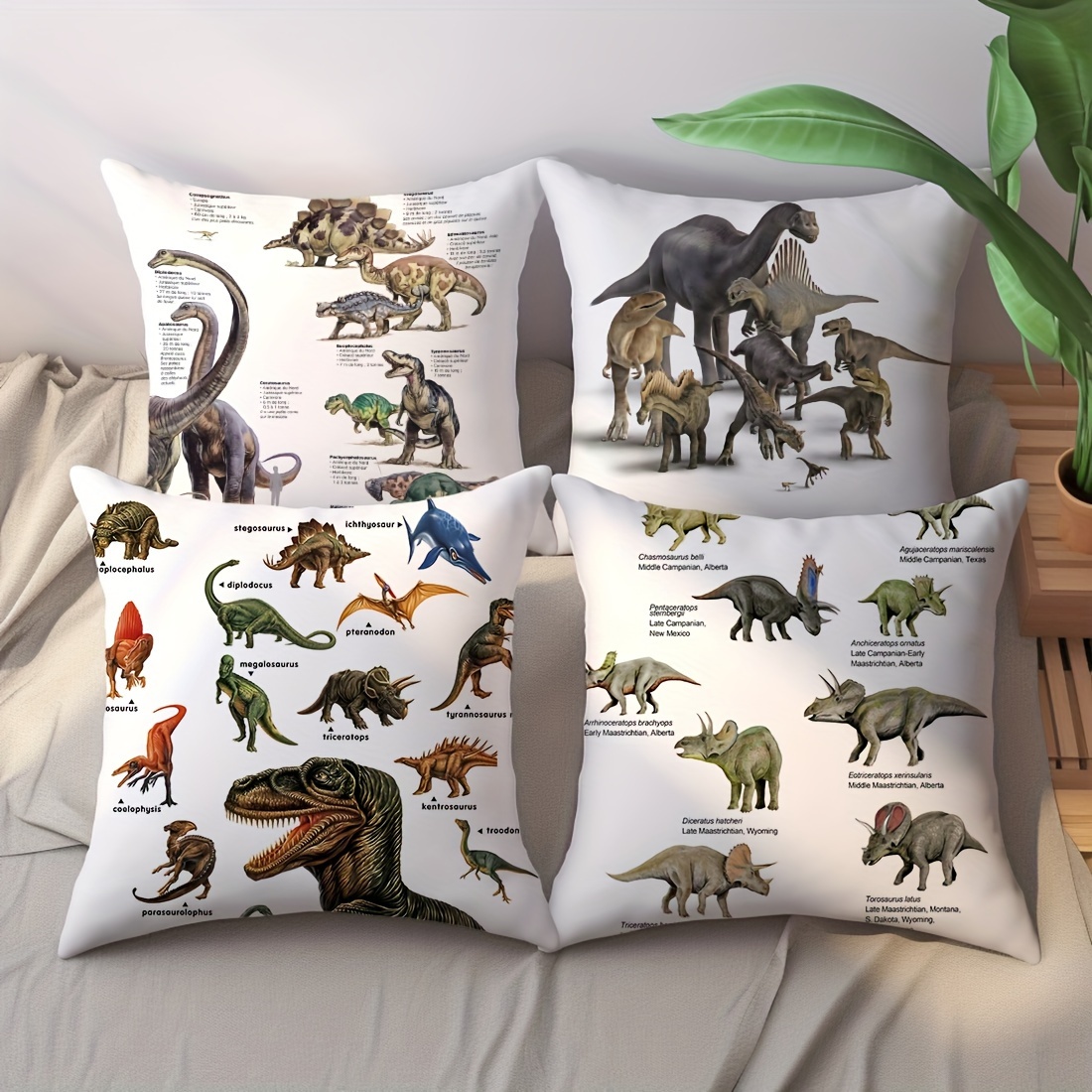 

4pcs, Dinosaur Educational Illustrations, 17.7x17.7 Inch Traditional Style Peach Skin Velvet Pillow Covers, Decorative Cushion Cases For Sofa, Bed, Car, No Insert, Single-side Print, Living Room Decor