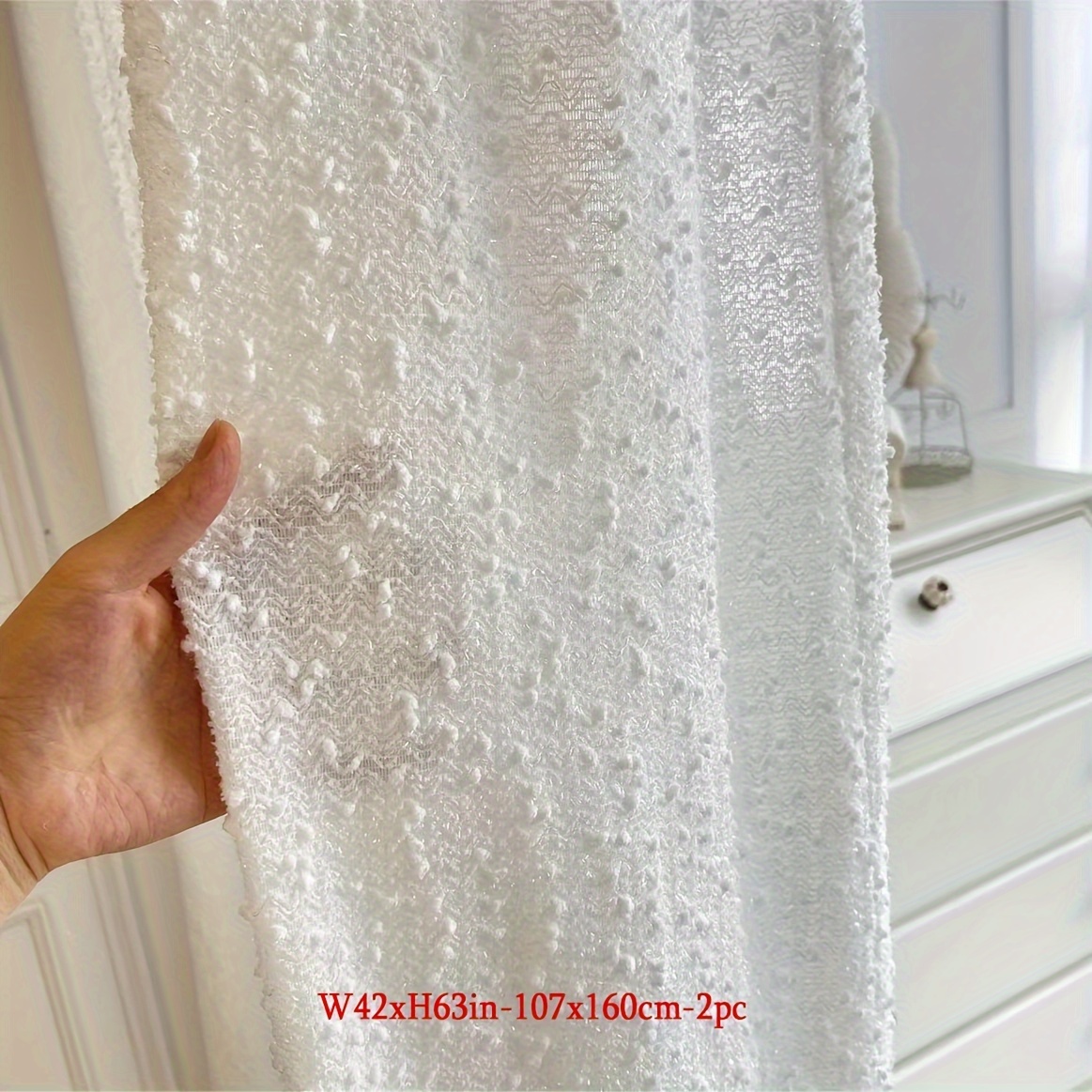 Image of 2pcs White Thickened Sheer Curtain Tassel Jacquard Semi-sheer Curtains, French Vintage Light Filtering Drapes, Suitable For Living Room, S' Bedroom, Kitchen, Home Decor, Multi-functional Top Hooks