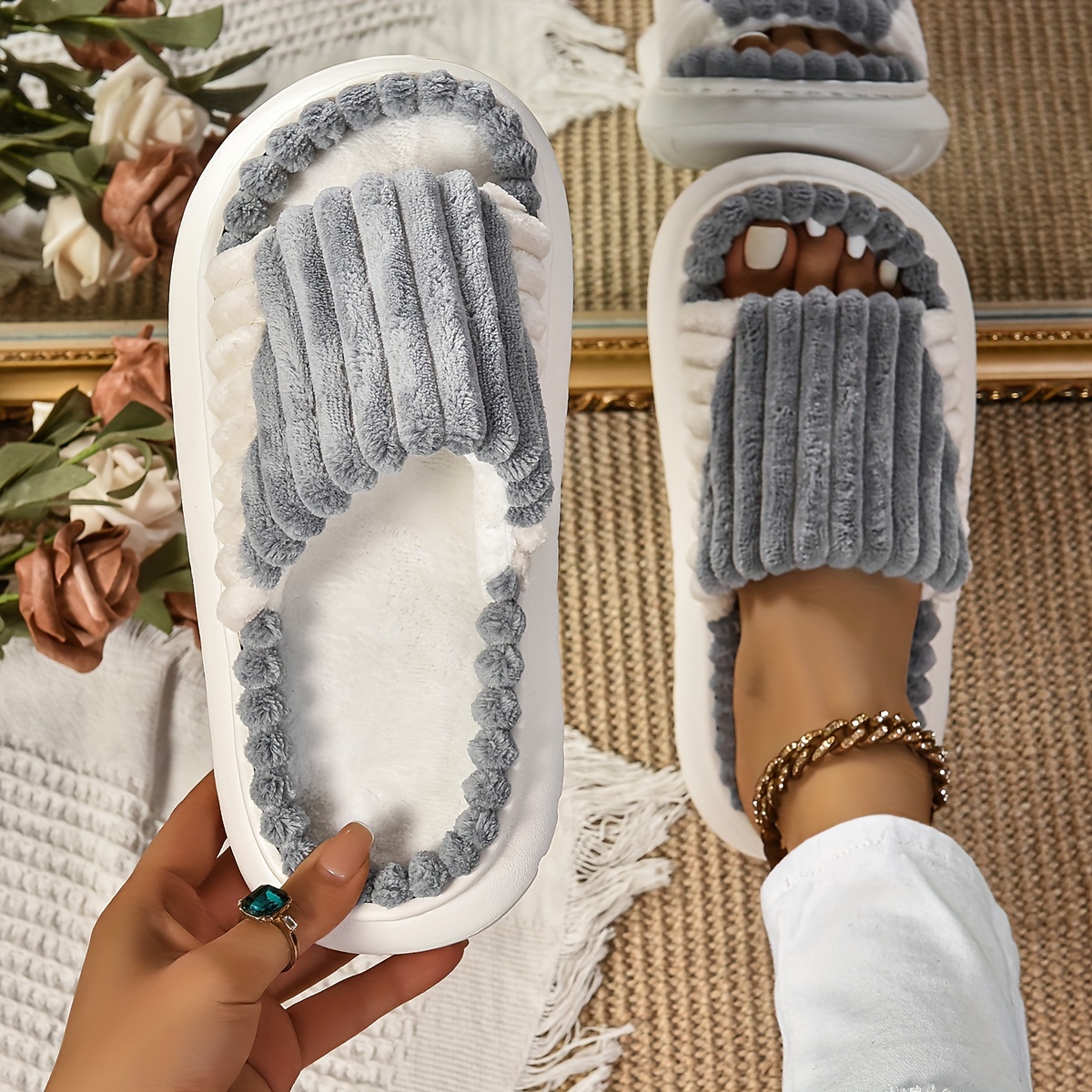Image of Women's Home Slippers, Color- Solid-color Contrast Stitching, Indoor Warm Fashionable Versatile New Style, Women Shoes