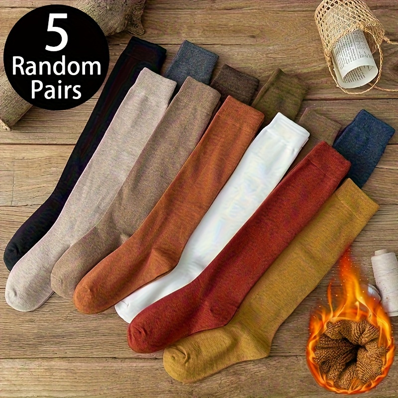 TEMU 5 Pairs Of Random Women's Calf Warm Socks, Fleece-lined And Thickened, Retro Style, Suitable For Daily Wear And Matching In Autumn And Winter