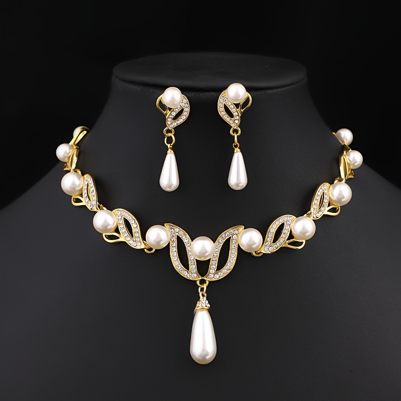 TEMU Ensemble de Bijoux de Mariée Élégant, 3 Pièces, Boucles d'Oreilles Clous et Collier Dorés