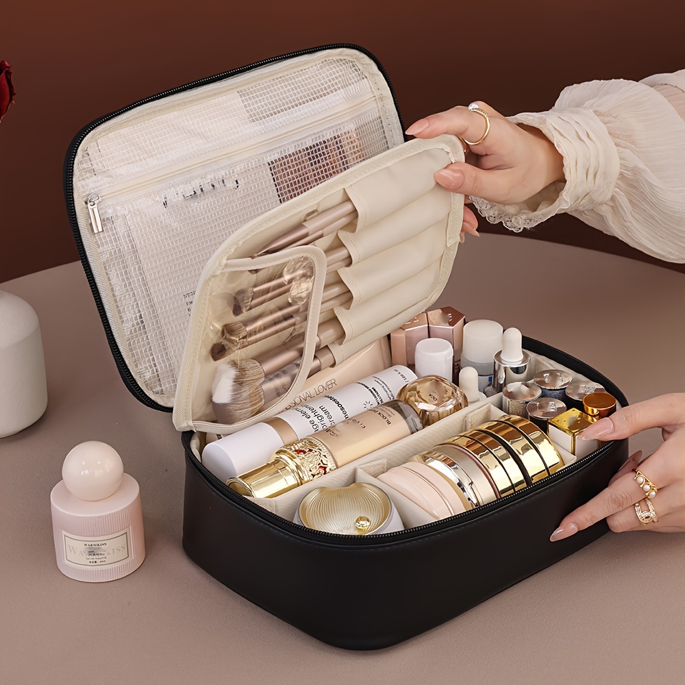 

Large Capacity Detachable Cosmetic Bag, Pu Material Travel Makeup Organizer With Brush Holder, Unisex-adult Unscented Portable Toiletry Bag For Skincare And Cosmetic Storage, Ideal For