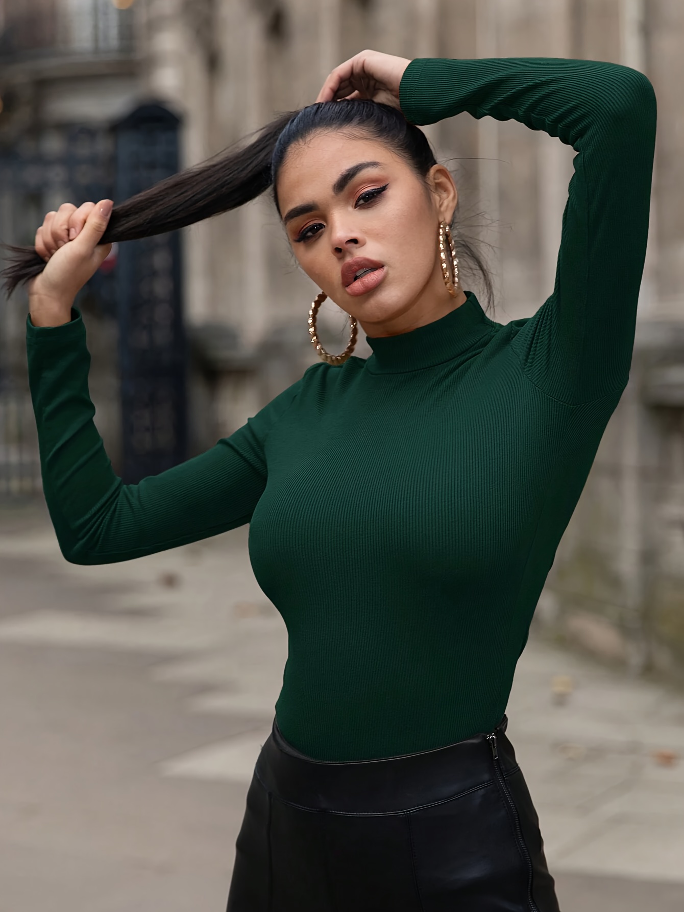 Slim Mock Neck Plain Color T-shirt, Casual Long Sleeve Top For Spring & Fall, Women's Clothing