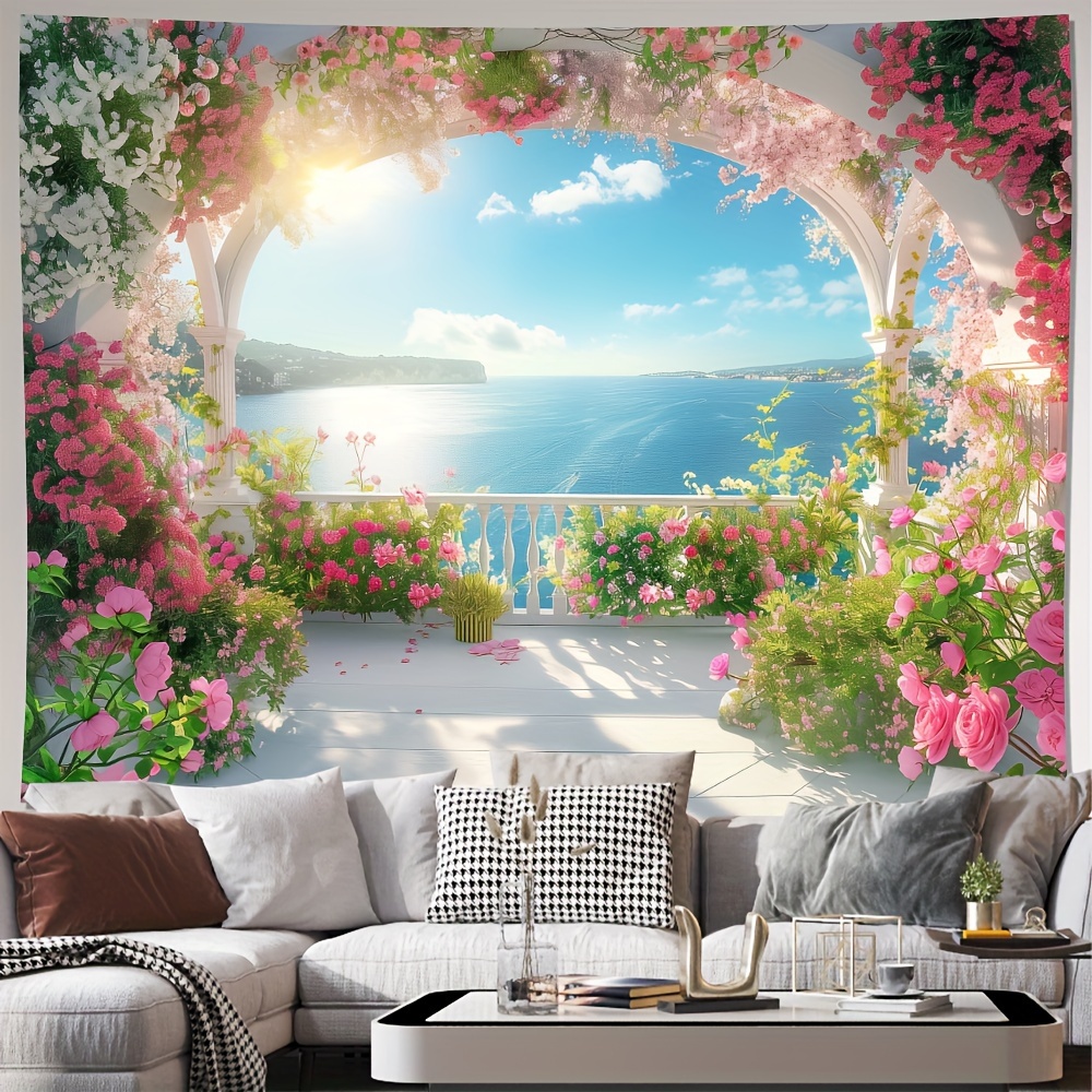 

Romantic Floral Balcony Scene Rolled Canvas Wall Art, Polyester Fiber, Vibrant Mixed Colors, Living Room Bedroom Office Home Decor, Includes Free Installation Kit, 1 Piece