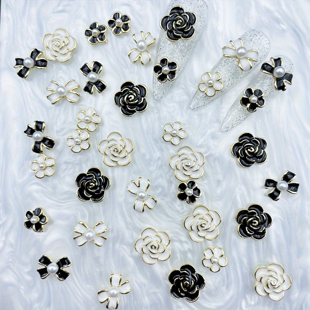 

36pcs Alloy Floral Nail Art Charms, 3d Metal Camellia, Oil Drop Style, Chic Black & White Manicure Decor Accessories, Elegant Embellishments For Diy Nail Design