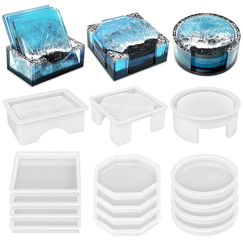 Image of 15pcs Coaster Resin Molds Silicone, Coaster Molds With Octagon Shape Holder Molds For Epoxy Resin, Diy Art Craft Cup Mats