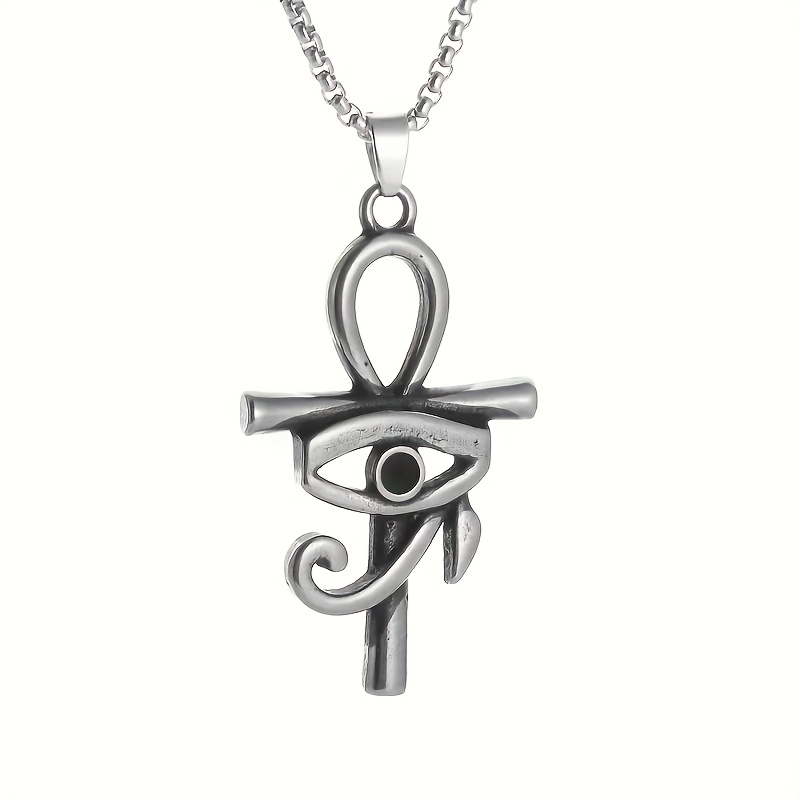 Image of 1pc Fashionable Horus Eye Ankh Cross Pendant Necklace, Unisex Amulet Jewelry For Protection