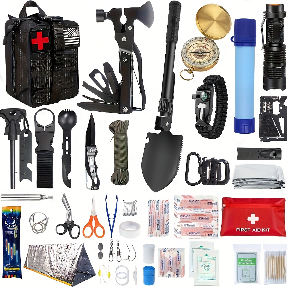 Emergency Survival Kit, 151 Pcs Survival Gear First Aid Kit, Outdoor Trauma  Bag with Tactical Flashlight Knife Pliers Pen Blanket Bracelets Compass for  Camping Earthquake or Adventures