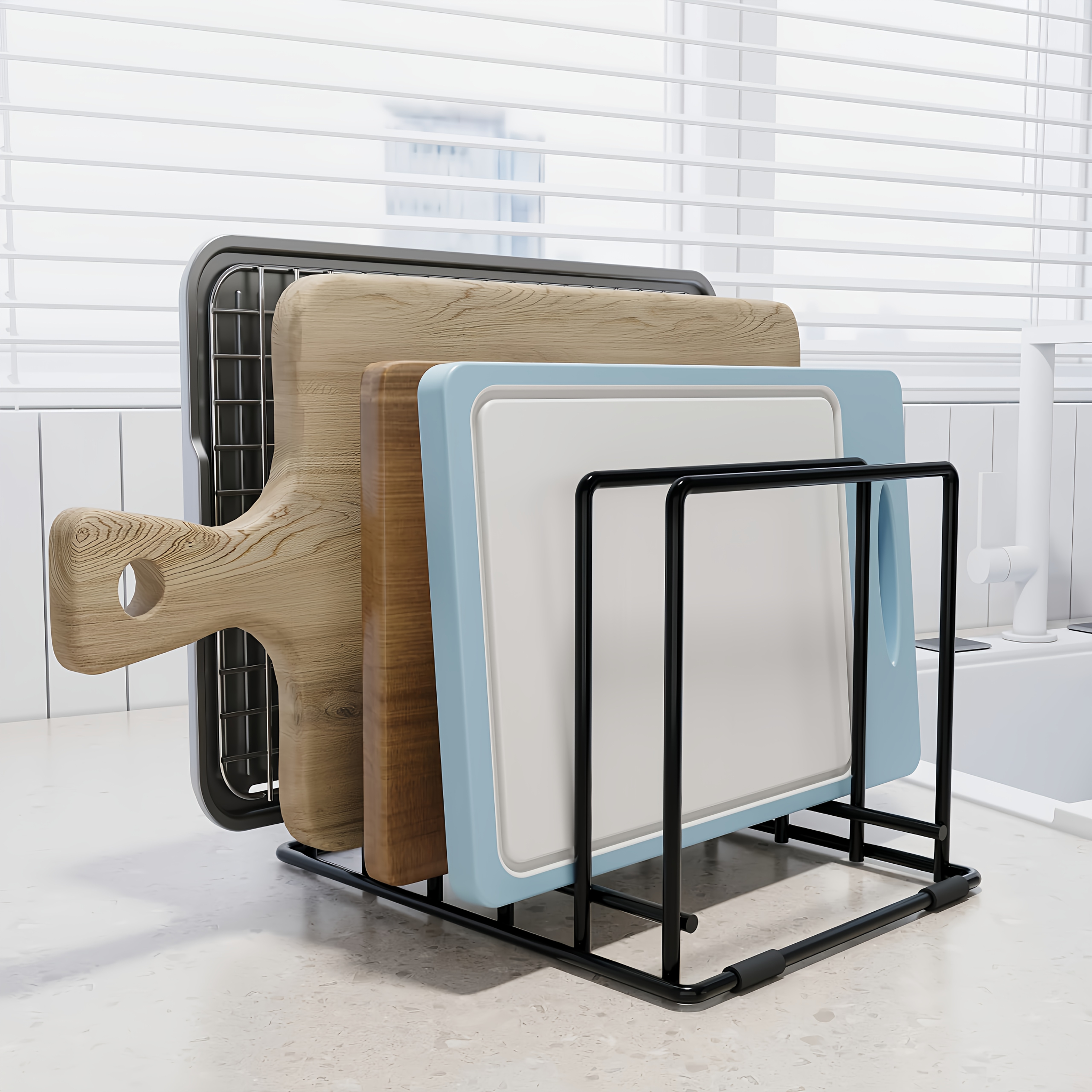 Baking Pan Storage Rack, Kitchen Cutting Board Holder, 5-slot Baking Pan Tray Stand, Suitable For Kitchen Cabinets Or Countertops, With Non-slip Feet