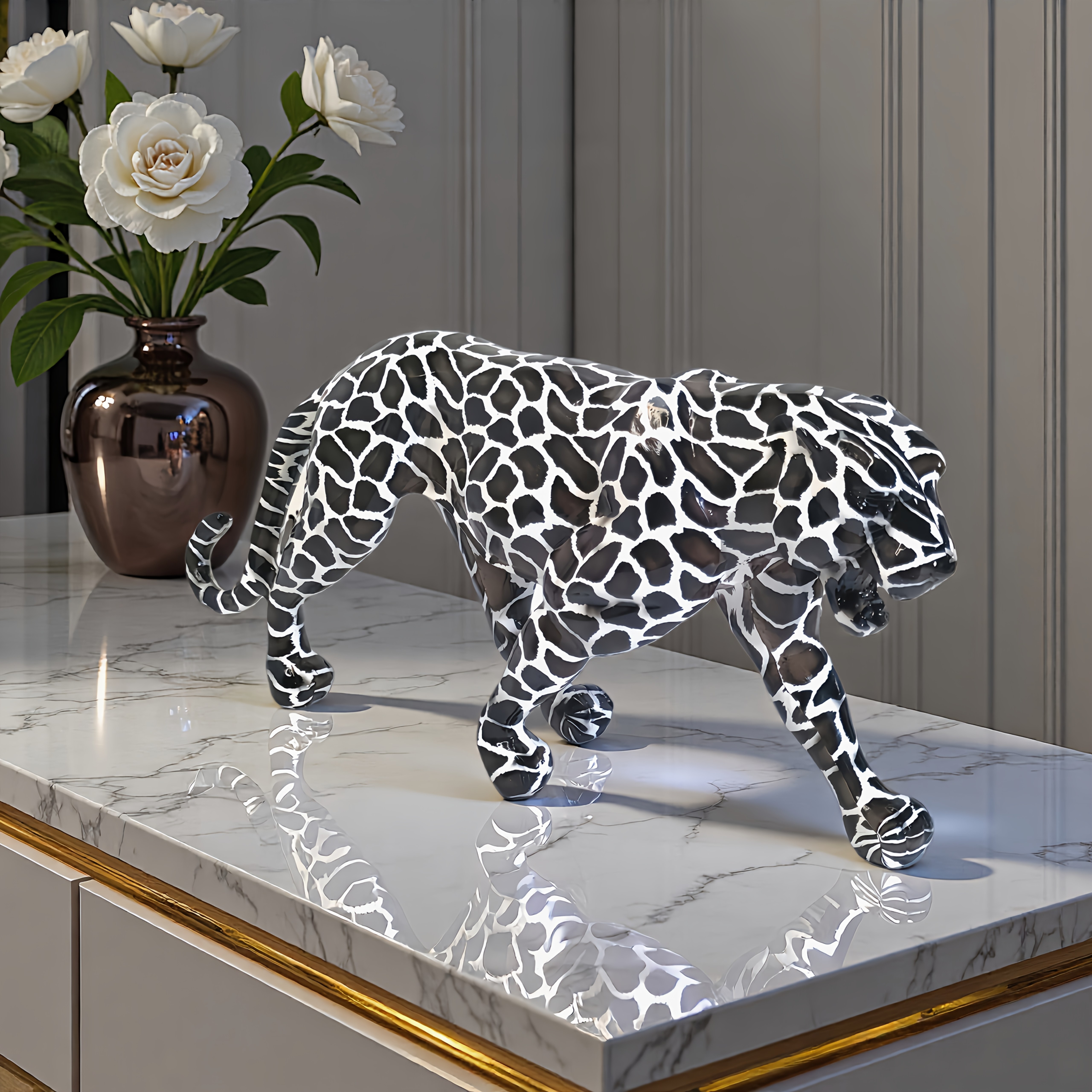 Statement Leopard Sculpture, Reject the Ordinary with This Black & White Leopard Art Figurine, a Symbol of Ambition for Office Desk & Entryway, Perfect Gift for the Driven