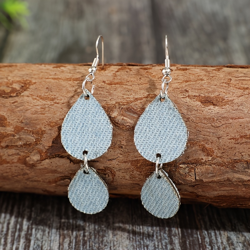 Women's Exotic Double-Layer Denim Teardrop Earrings, Unique Design