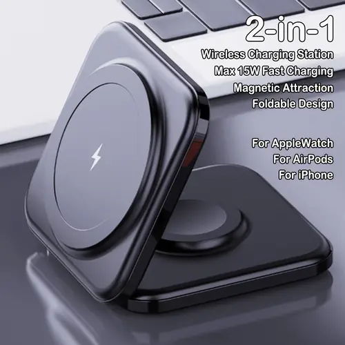 2 in 1 magnetic wireless charging station foldable 15w fast charging station with type c cable for iphone for applewatch for charger stand