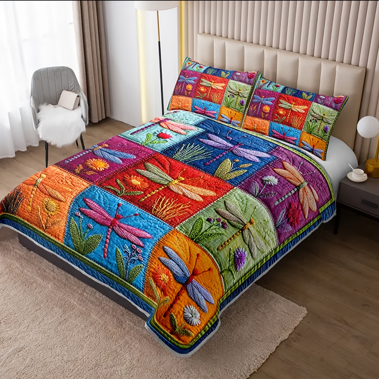 3pcs boho bedspread coverlet with pillowcases suitable for   quilted bed cover bohemian   bedding decor vibrant floral stitched quilt cover for bed machine washable fill for   or