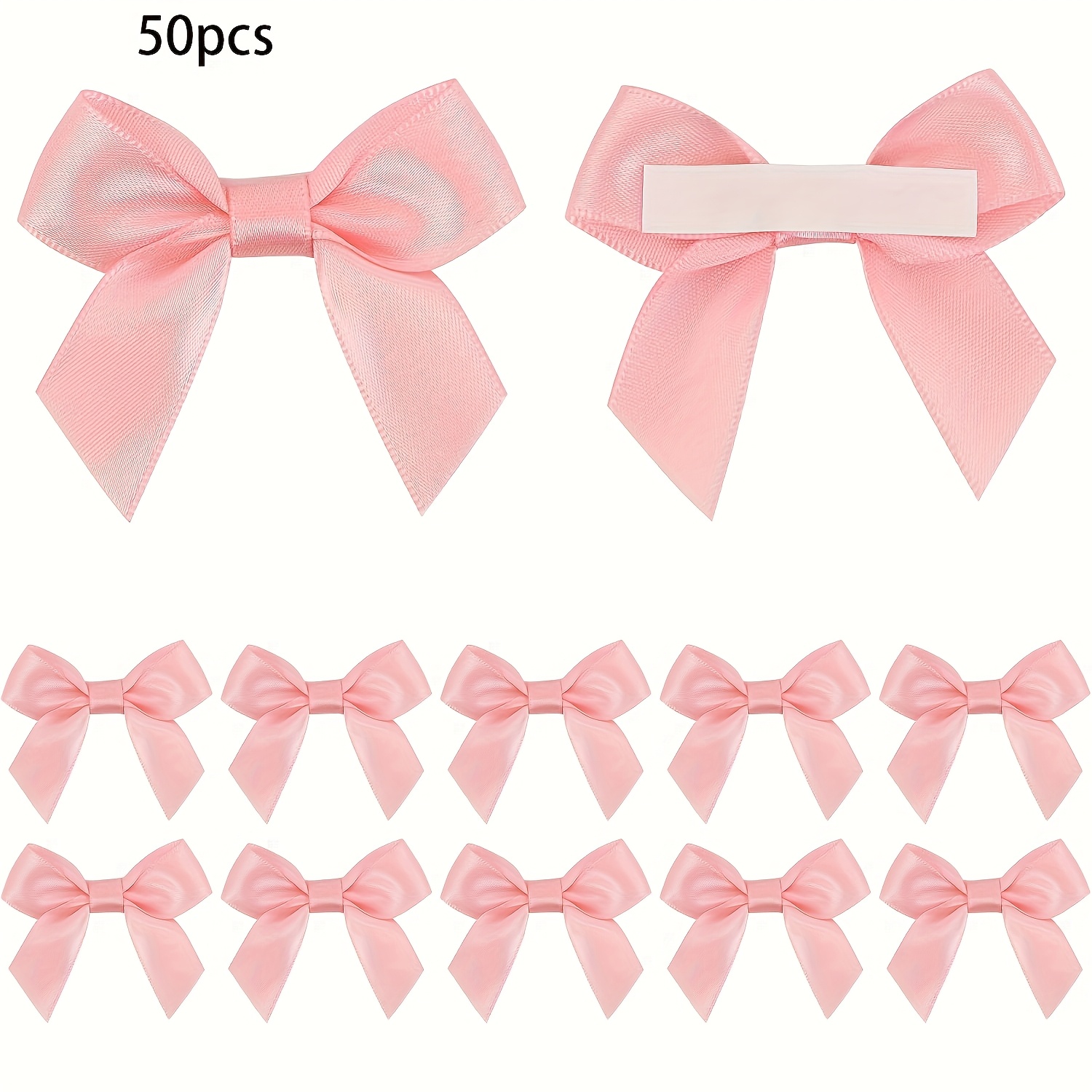 Image of 50pcs Pink Satin Ribbon Bows, 2" Self Adhesive, Pre Made Craft Bows With Double Sided Tape, Polyester, For Gift Wrapping, Baby Shower, Birthday, Wedding Decorations