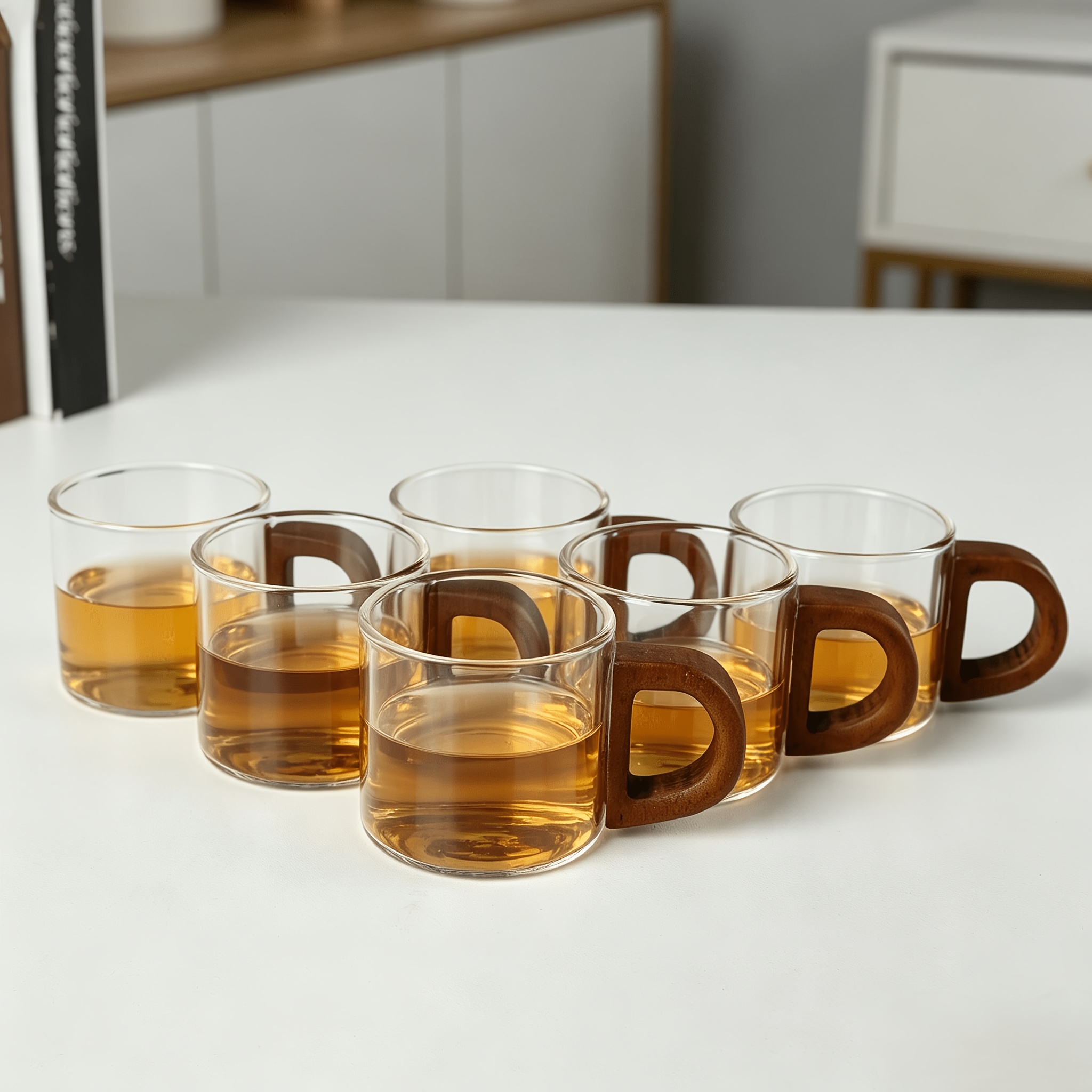 TEMU 6pcs Set 100ml-3.38oz High Borosilicate Glass Cups With Wooden Handles - Heat Resistant, Dishwasher Safe, Small Tea Cups, Wooden Handle Coffee