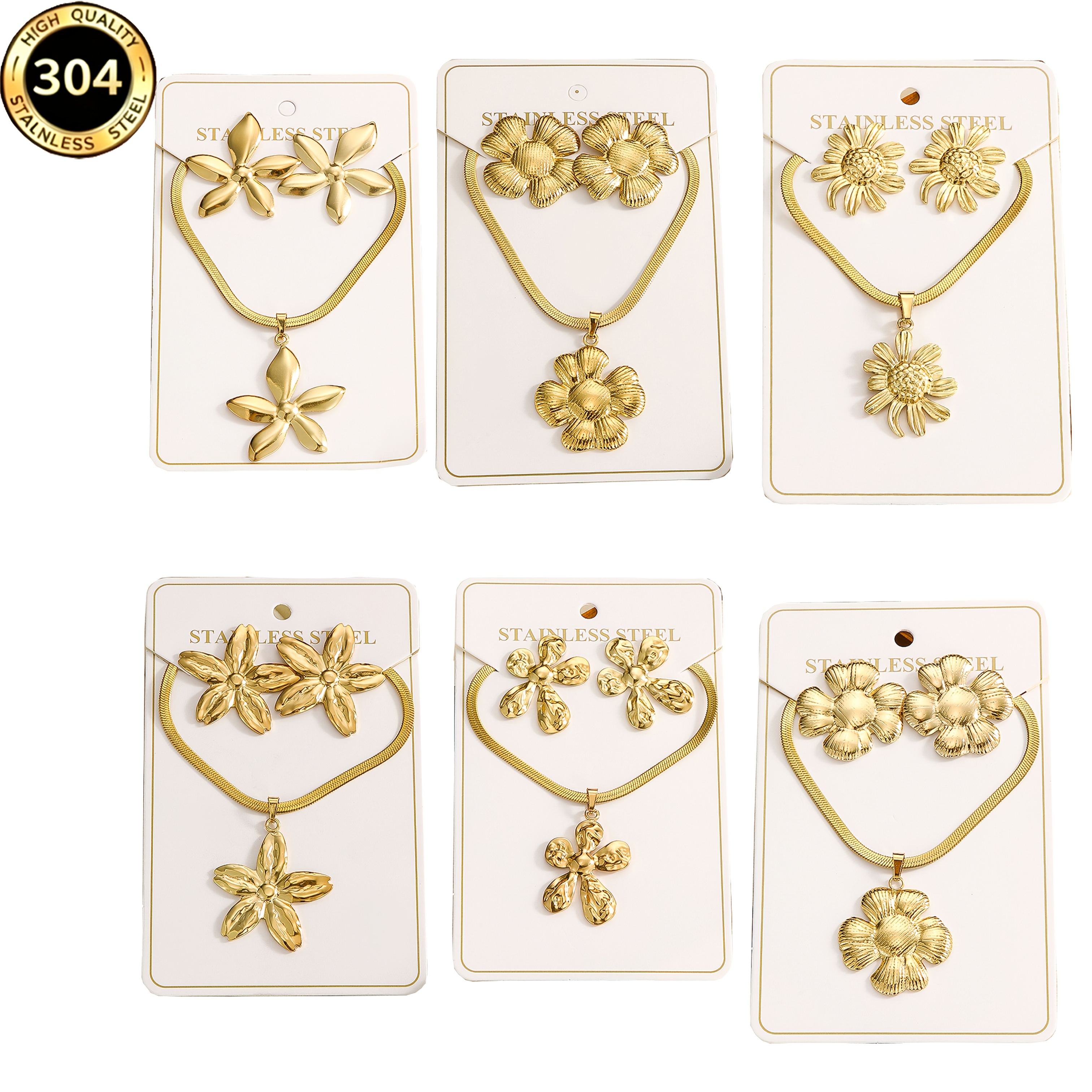 3pcs Flower, Star, and Geometric Stud Earrings and Necklace Set