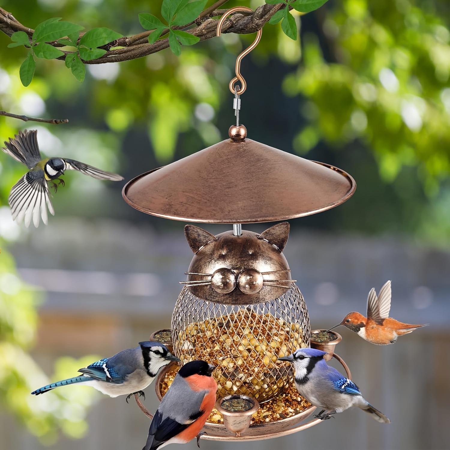 Image of Bird Feeder For Outdoors Squirrel-proof Metal Wild Bird Feeder For Hanging Or Yard, Cute Cat-shaped