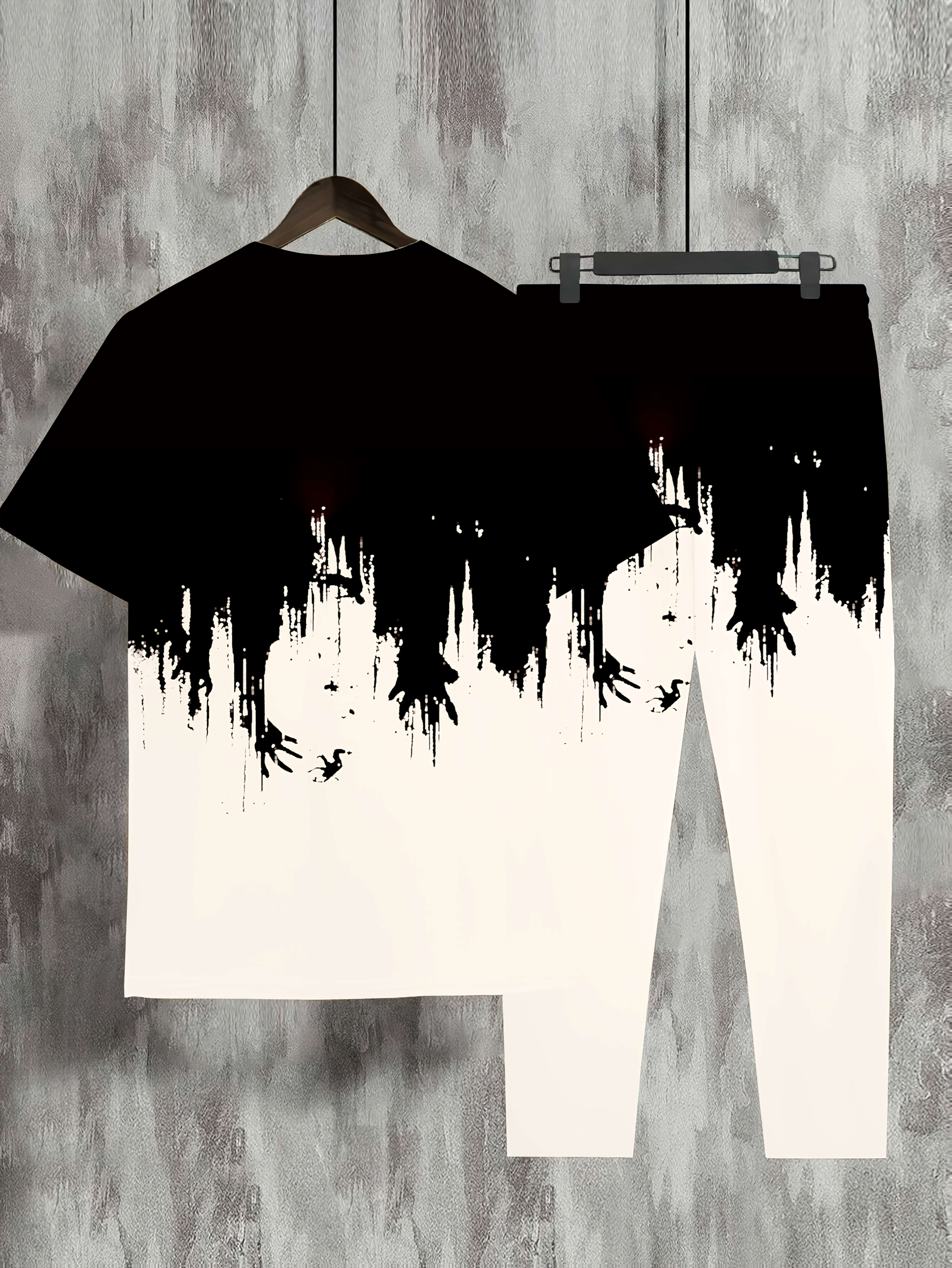 Men'S Casual 3D Digital Print Long Pants and Short Sleeve Set, Crew Neck, Regular Fit, Knit Fabric, Polyester 90%, Spandex 10%, 105g/m², for Spring/Summer/Fall - Weekend Casual Lash Sets