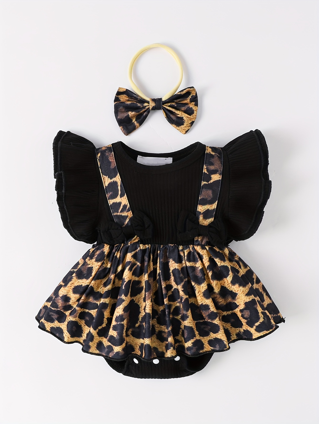 Baby Girl Sleeveless Bowknot Leopard Print Mesh Layered Romper
