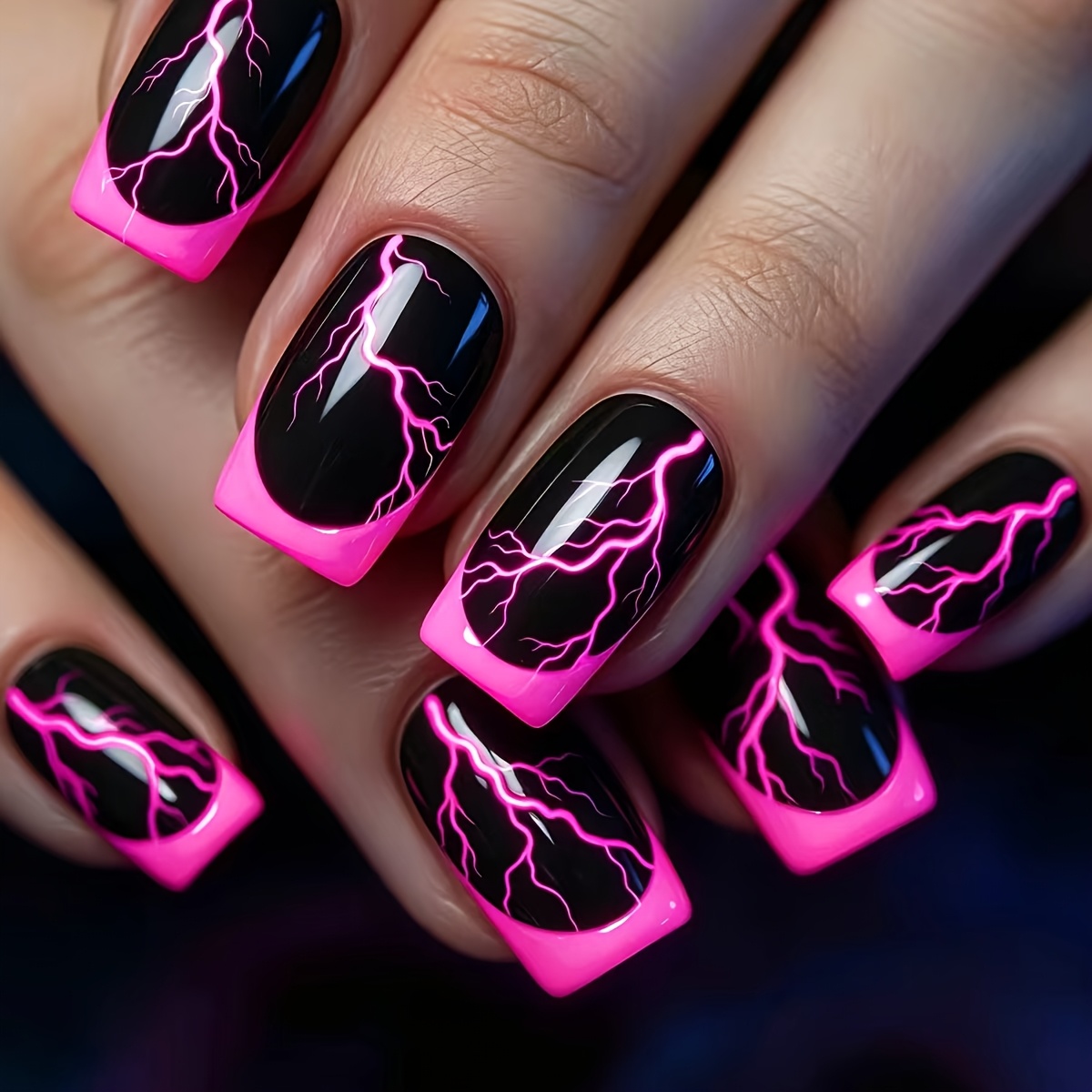 TEMU Faux ongles mi-longs 24 pièces effet brillant noir rose motif éclair, patchs d'ongles pratiques, amovibles, réutilisables et portables, patchs