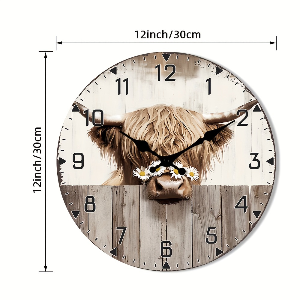 TEMU 1pc 10/12 Inch Rustic Highland Cow & Daisies Wall Clock - Non-ticking, Easy-to-read Battery Operated Clock With Wooden Background, Living Room,