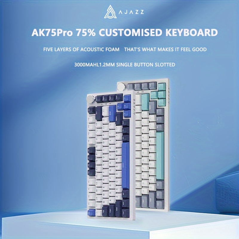 ak75pro tri mode rgb wireless wireless mechanical keyboard 75 key with hot swap blue green switches usb c rechargeable backlit customizable layout dark greenish black light blue white details 0