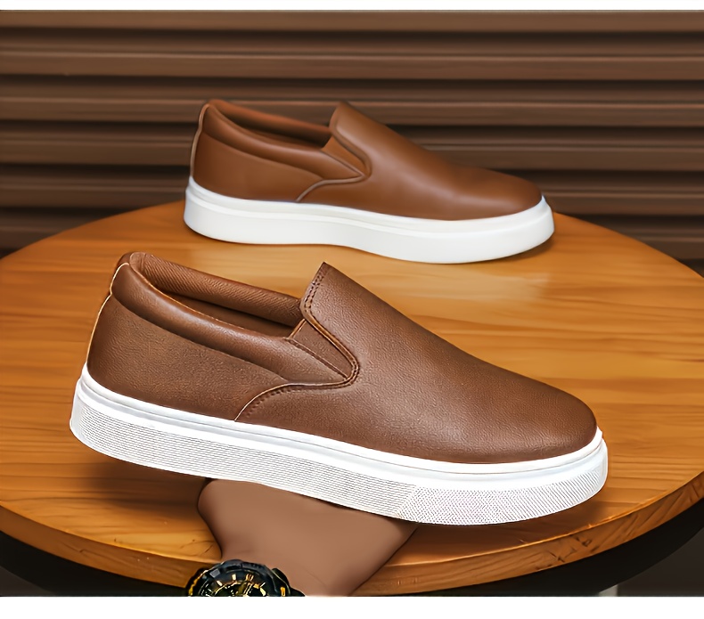 Men's Slip-On Loafers Casual Sneakers - Slip-Resistant PVC Sole, Low-Top Round Toe, Breathable Fabric Lining & Cushioned Insole, All-Season Comfort - -like Upper Brown/White/Black