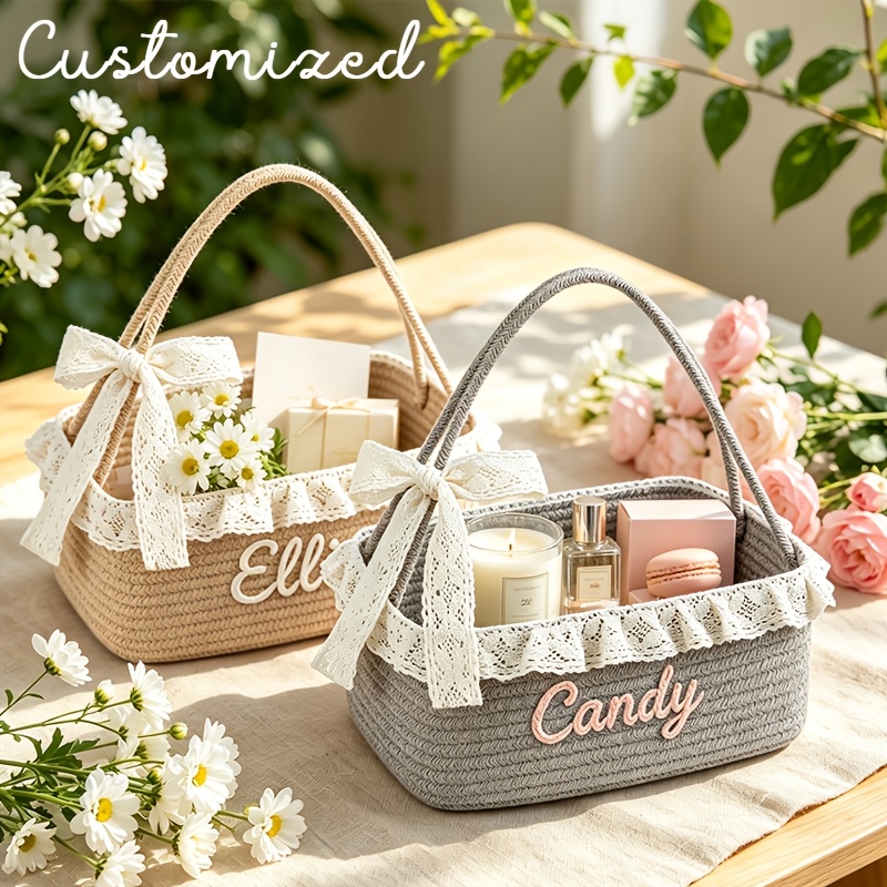 Custom Name Storage Basket with Lace Trim, Handheld Organizer