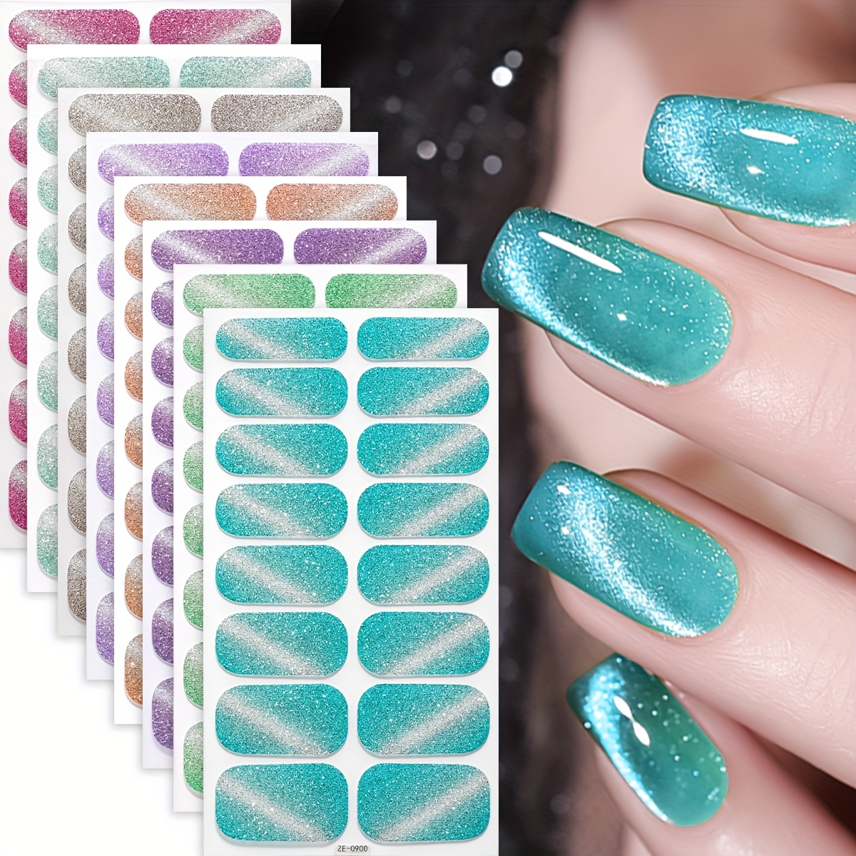 8 Sheets Polished Nail Strips, Emerald Blue Glitter Self-adhesive Gel Nail Full Wraps Nail Art Stickers, , Shimmery End, No Lamp Required, Suitable For Women's Party Nail Art Supplies