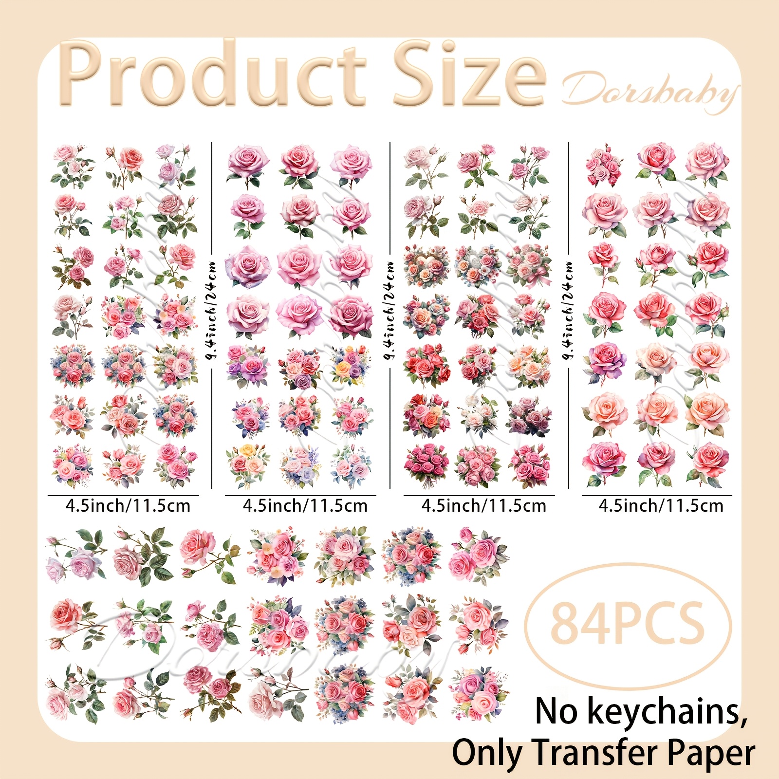 TEMU 84pcs Dorsbaby Watercolor Pink Rose Uv Dtf Transfer Suitable For Diy Crafts, Strong Adhesive Permanent Rub-on With Plastic Sheets For Keychains,