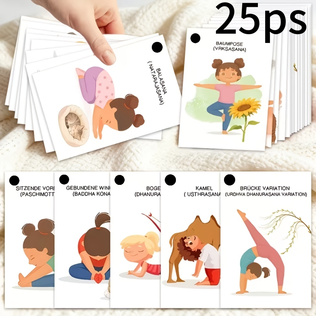 E-shop 25er Set Yoga Anleitungskarten, 2D Design, Basic Yoga Übungs-Karten, Yoga Karten in Box, Geeignet für Anfänger und Senioren, Sanftes