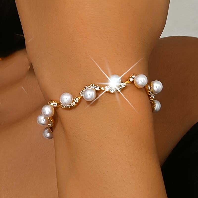 TEMU 1pc Women's Pearl Rhinestone Bracelet, Elegant Silver Plated Bridal Hand Jewelry, Suitable For Weddings, And Valentine's Day