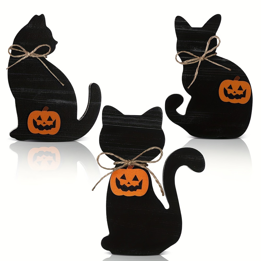 

3-piece Halloween Black Cat Wooden Table Signs - Rustic Farmhouse Tiered Tray Decor, Perfect For Fall Centerpieces & Home Shelf Party Decoration