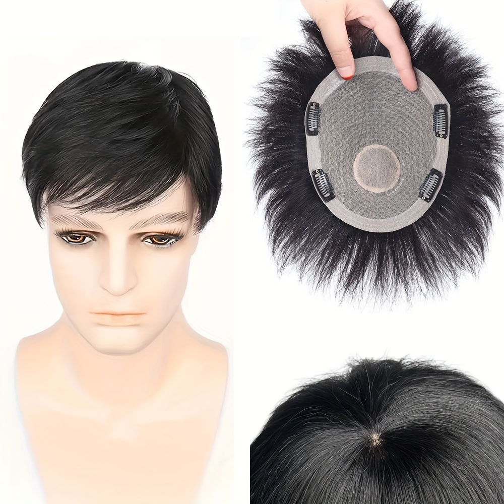 *'S Human Hair Toupee Breathable Wig with Natural Black Brown Hair,  Lightweight Easy to Style, No Maintenance Needed, Perfect