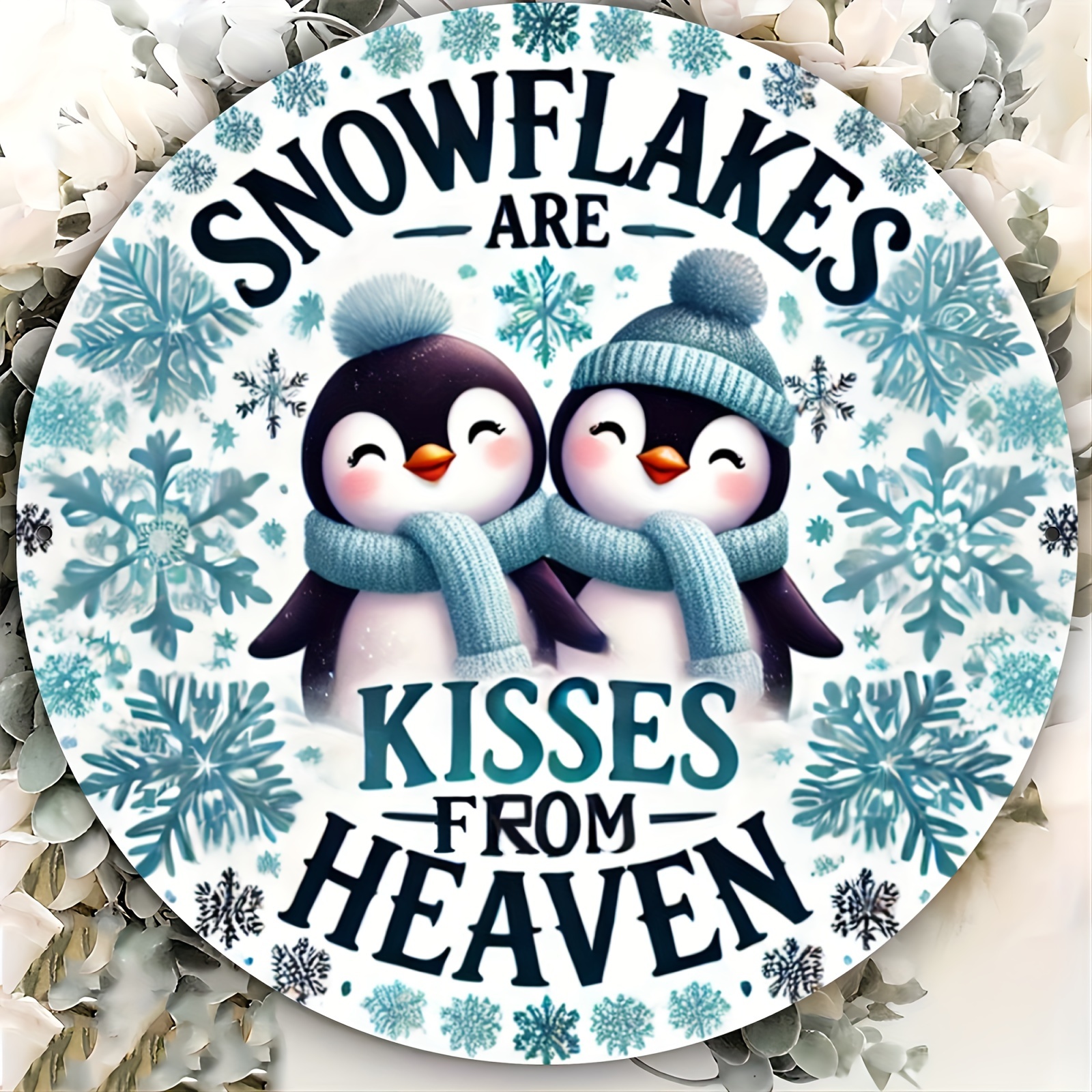 

Vintage Round Aluminum Sign, 1pc - Snowflakes Heaven With Penguins, 7.8" Decorative Metal Wall Art, Waterproof And Dustproof For Home, Cafes, Bars, Wedding, Birthday Party And Holiday Decorations